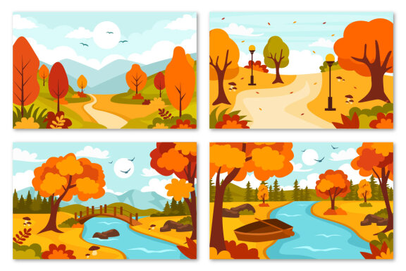 22 Autumn Landscape Blue Background Illustration