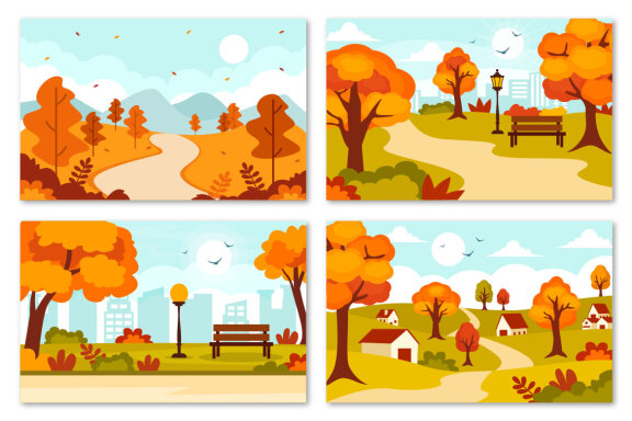 22 Autumn Landscape Blue Background Illustration