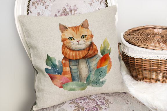 Autumn Cat in scarf Fall Sublimation PNG