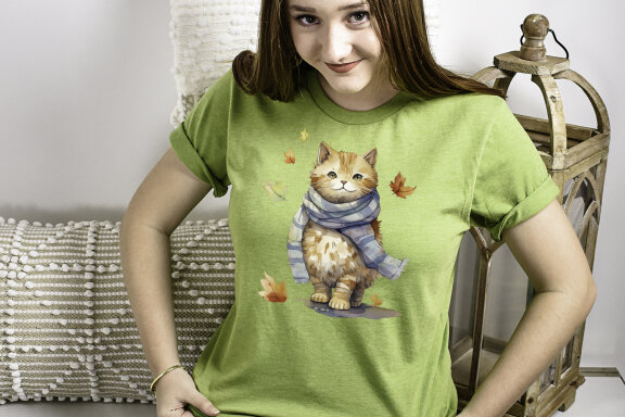 Autumn Cat in scarf Fall Sublimation PNG