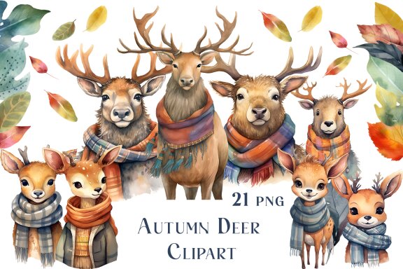 Watercolor Cute Autumn Deer Clipart Sublimation