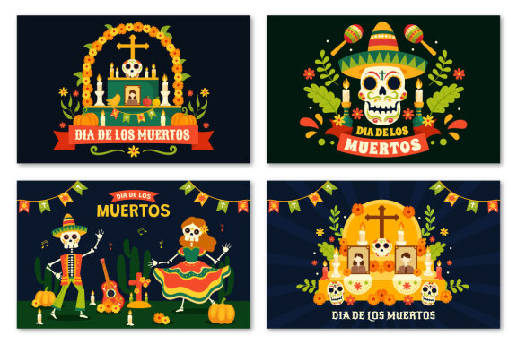 13 Dia de Muertos Vector Illustrations
