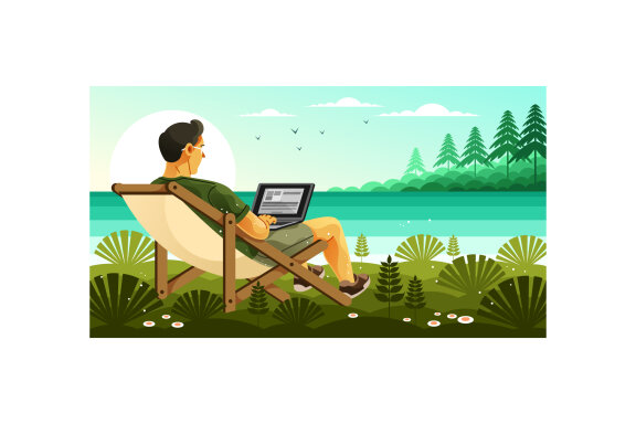 Enjoy Remote Working by the Lake Illustration