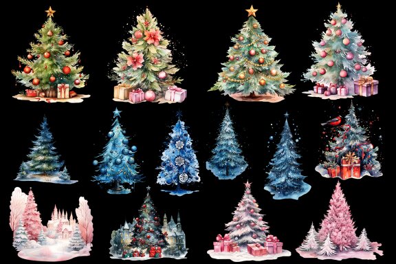 Watercolor Christmas tree presents Sublimation Clipart