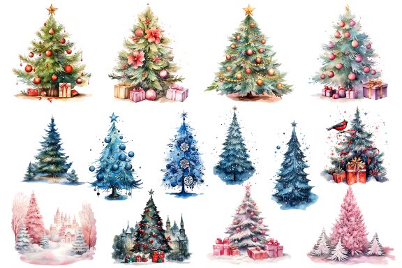Watercolor Christmas tree presents Sublimation Clipart