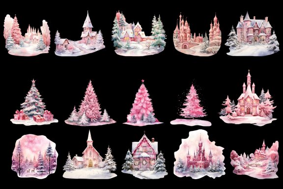 Winter Wonderland Pink Castle and tree clipart