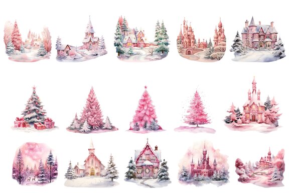Winter Wonderland Pink Castle and tree clipart