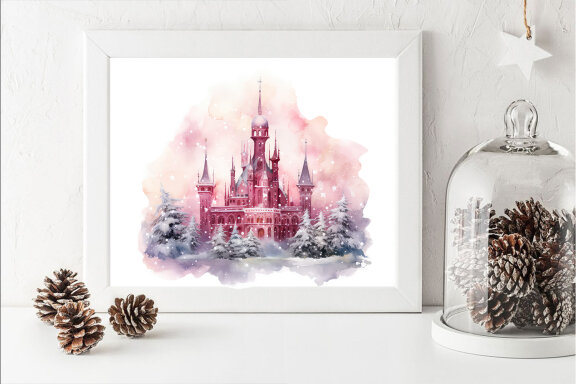 Winter Wonderland Pink Castle and tree clipart