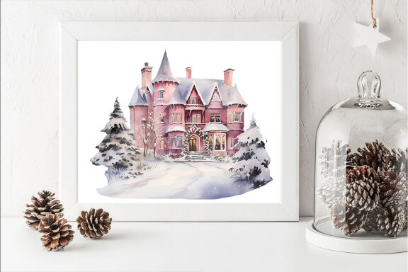Winter Wonderland Pink Castle and tree clipart