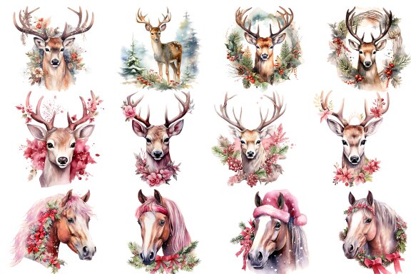 Watercolor Head Deers and hors christmas clipart