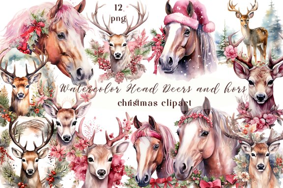 Watercolor Head Deers and hors christmas clipart