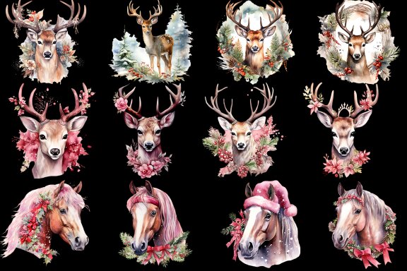 Watercolor Head Deers and hors christmas clipart
