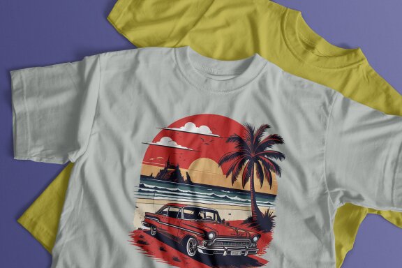 Vintage red car on the beach with palm trees