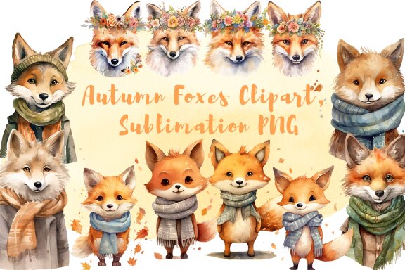 Autumn Foxes Clipart, Sublimation PNG
