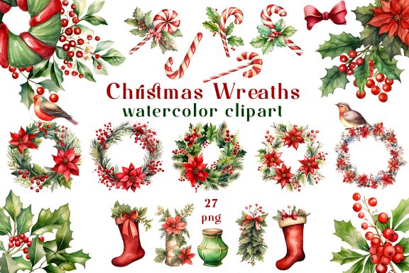 Watercolor christmas floral clipart