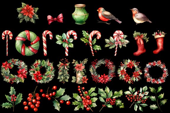 Watercolor Christmas Wreaths and flowers clipart, png