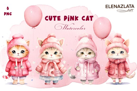 Winter Cute Pink Cat Watercolor Sublimation PNG