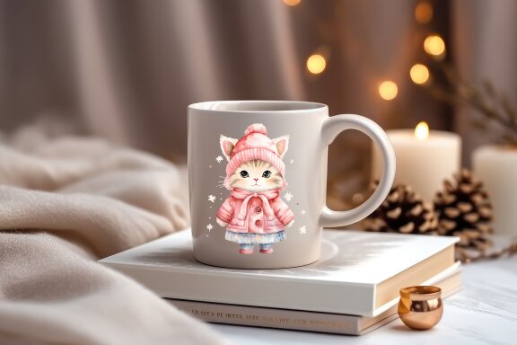 Winter Cute Pink Cat Watercolor Sublimation PNG