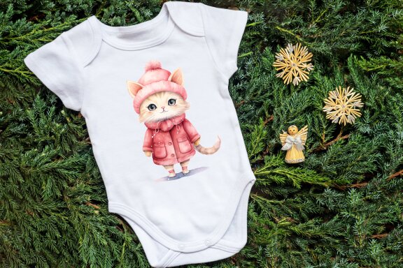 Winter Cute Pink Cat Watercolor Sublimation PNG