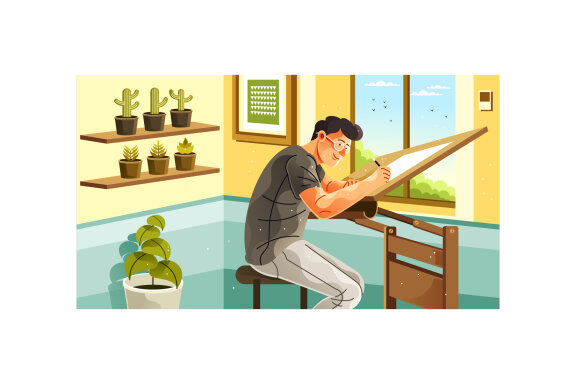 Young Architect Drawing at Studio Drafting Table
