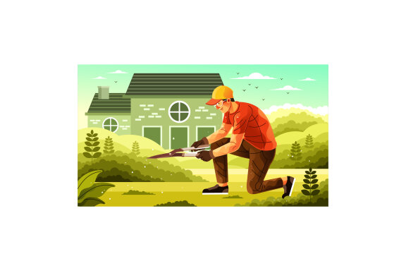Young Gardener Cutting Grass with Clippers