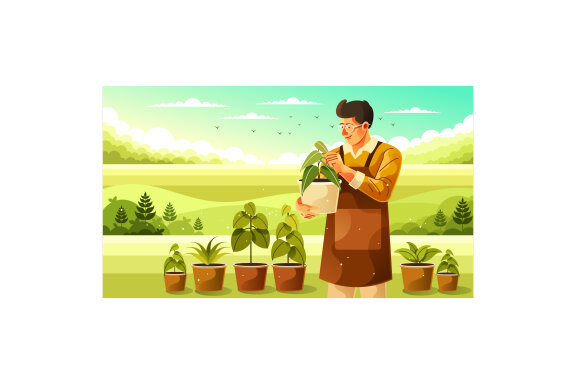 Young Gardener Taking Care of Plants Illustration