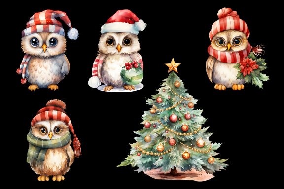 Cute owl Christmas animals clipart
