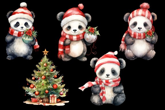 Panda in Christmas Santa Hats | Watercolor Clipart