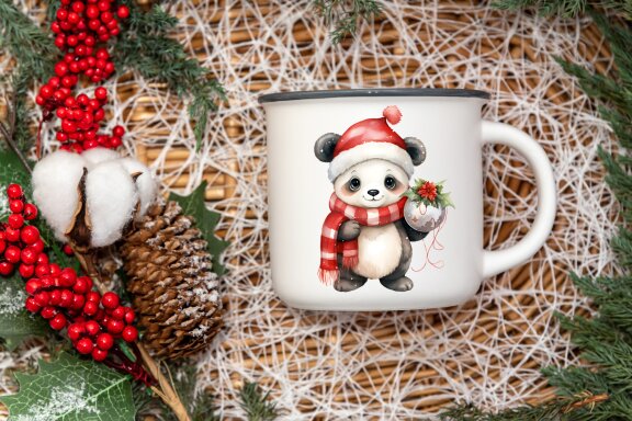 Panda in Christmas Santa Hats | Watercolor Clipart