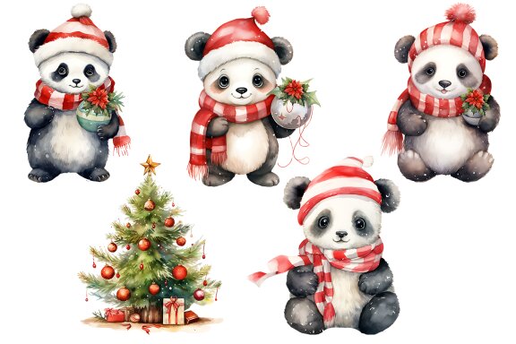 Panda in Christmas Santa Hats | Watercolor Clipart