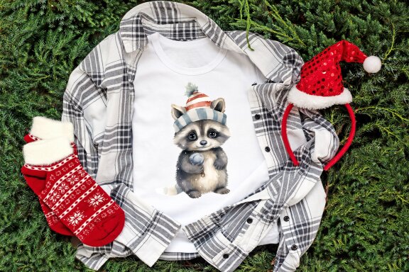 Raccoon in Christmas Santa Hats arrangement clip art.
