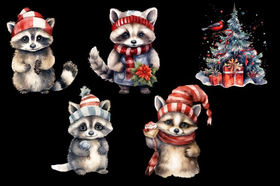 Raccoon in Christmas Santa Hats arrangement clip art.