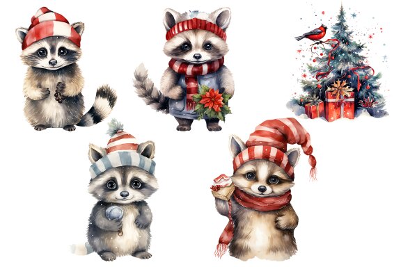 Raccoon in Christmas Santa Hats arrangement clip art.