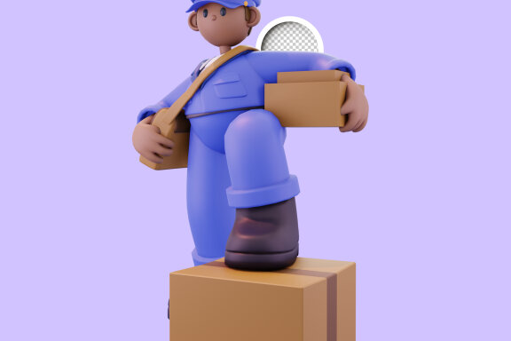 Standing and carrying a cardboard box in the left hand 
