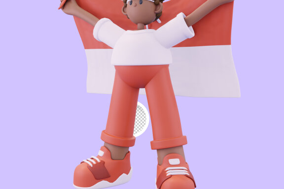 Boy with white shirt and red trousers unfurling the flag 