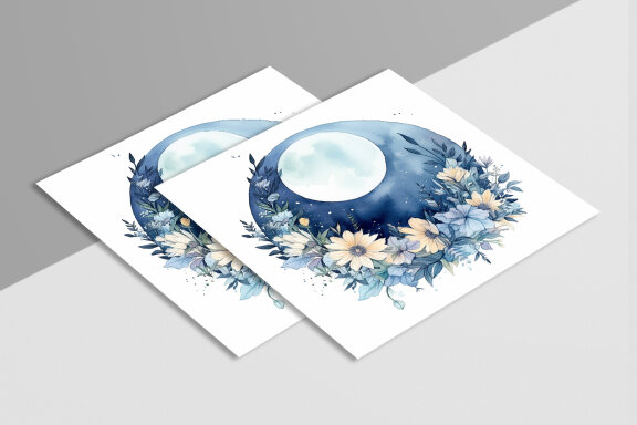 Boho Round Floral Frame With Blue Moon