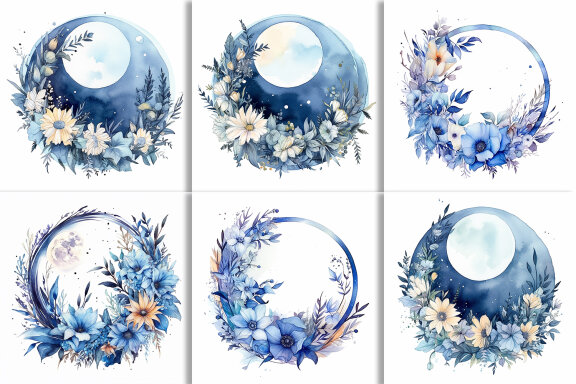 Boho Round Floral Frame With Blue Moon