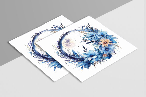 Boho Round Floral Frame With Blue Moon
