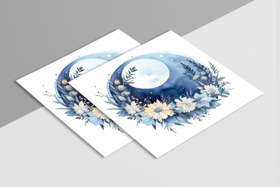 Boho Round Floral Frame With Blue Moon