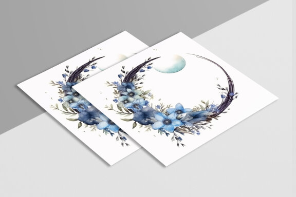 Boho Round Floral Frame With Blue Moon