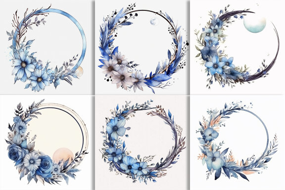 Boho Round Floral Frame With Blue Moon