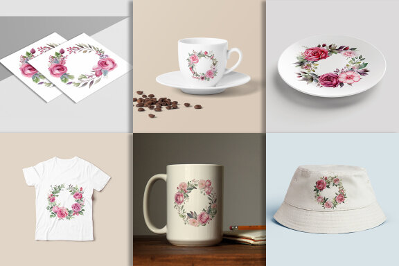 Watercolor Flower Design With Round Frame