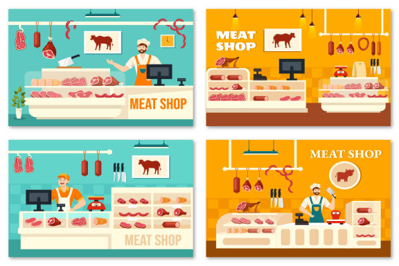 12 Meat Shop Vector Illustration