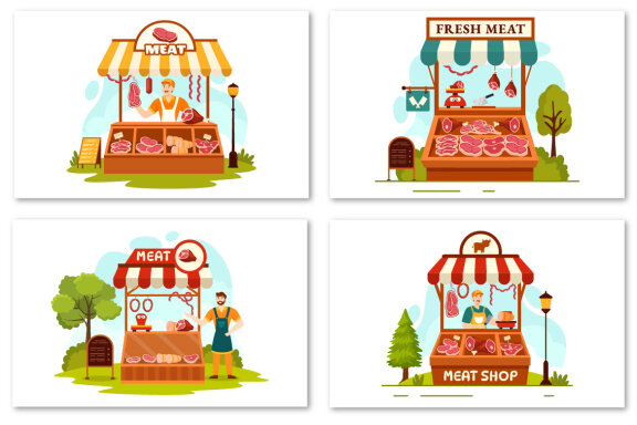 12 Meat Shop Vector Illustration