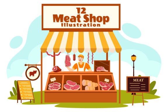 12 Meat Shop Vector Illustration