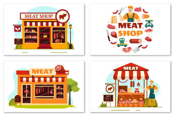 12 Meat Shop Vector Illustration