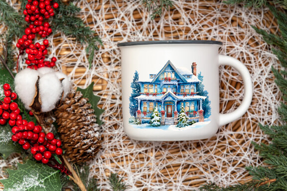 Winter Christmas houses clipart, watercolor snow city
