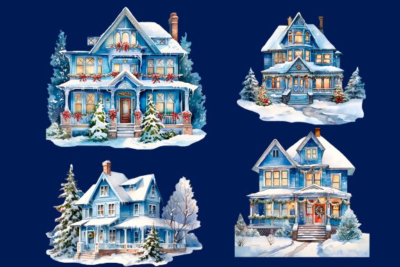Winter Christmas houses clipart, watercolor snow city