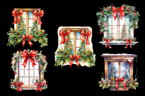 Watercolor Christmas Window PNG Clipart