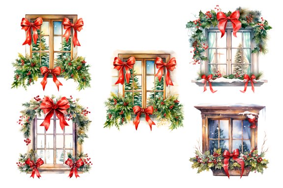 Watercolor Christmas Window PNG Clipart